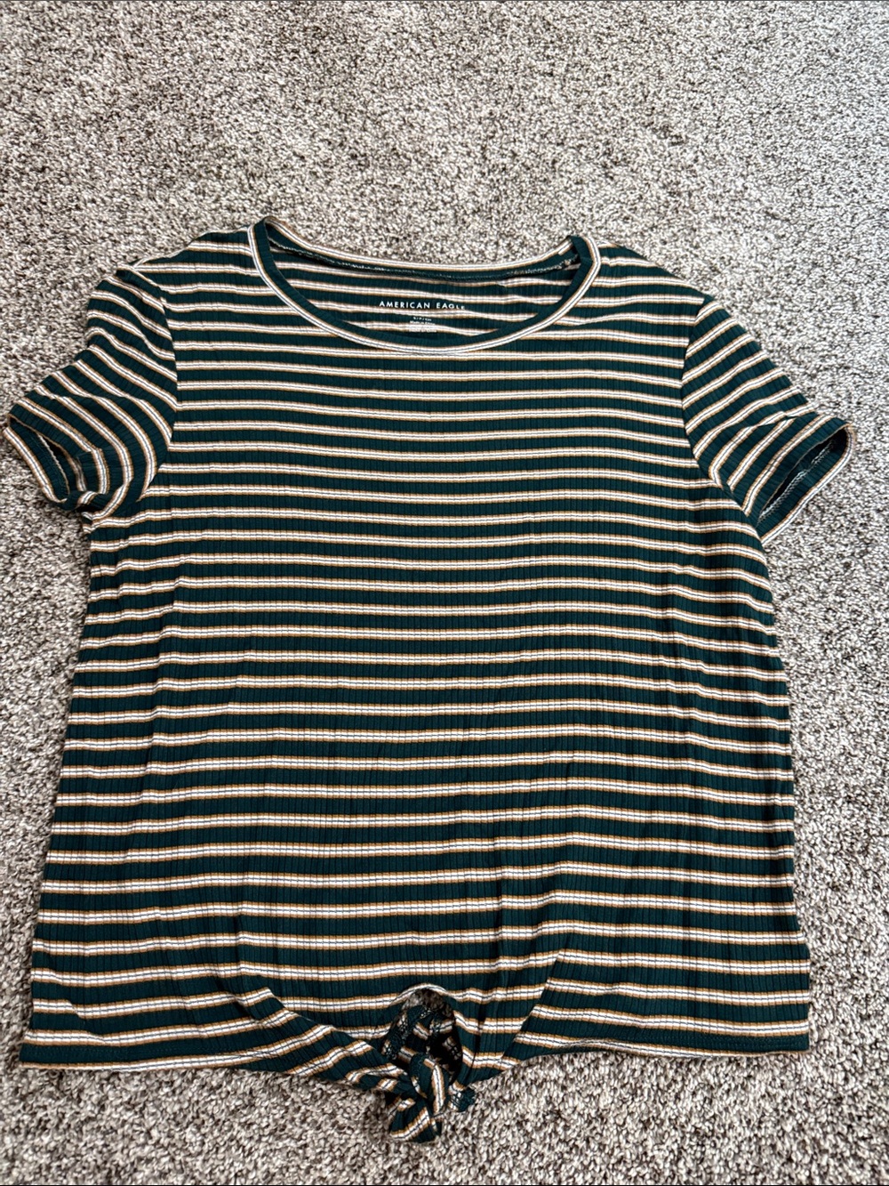 American Eagle Outfitters Dark Green & Cream Striped Tie-Front Crop Tee